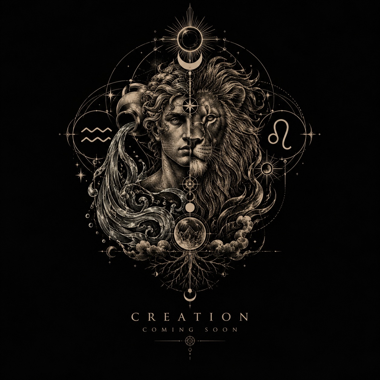 Tattoo-style emblem: one face split down the middle, the left half a human water-bearer with hair flowing into waves for Aquarius, the right half a lion with a full mane for Leo, framed by zodiac glyphs, moon phases, stars and circles, above the words Creation Coming Soon