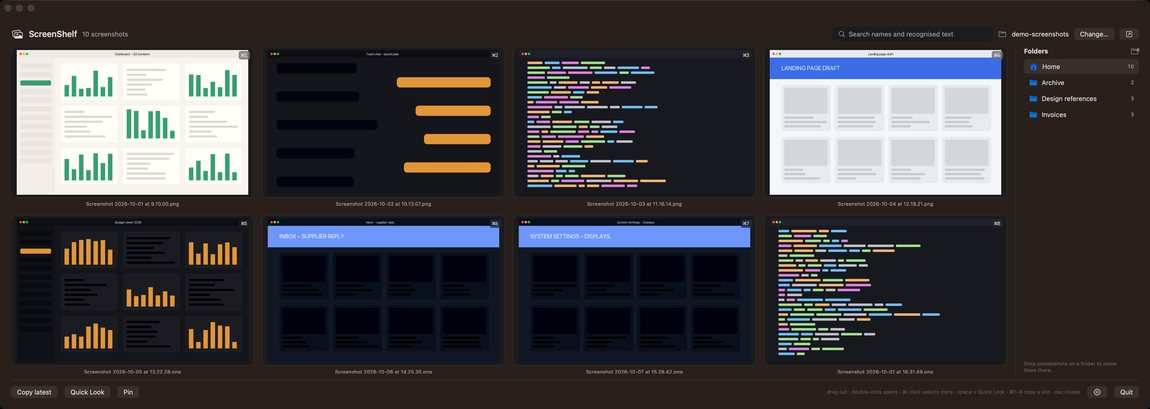 The ScreenShelf window: a 4 by 2 grid of large screenshot thumbnails, a search field, and a folder column on the right