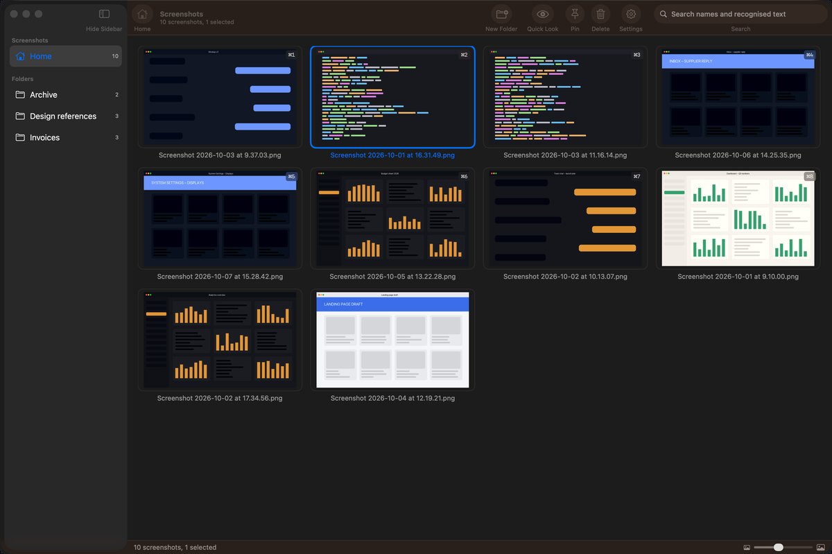 The Screenshelf 2.3 window: a Finder-style sidebar with Home and folders, a toolbar with New Folder, Quick Look, Pin, Delete, Settings and search, a 4-column grid of screenshot thumbnails with one selected, and a thumbnail-size slider in the status bar